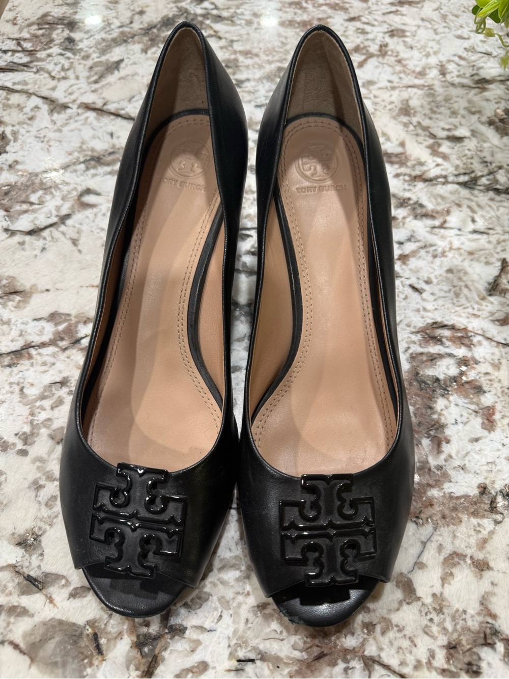 Tory Burch Black Leather Peep-Toe Heels with Logo Medallion